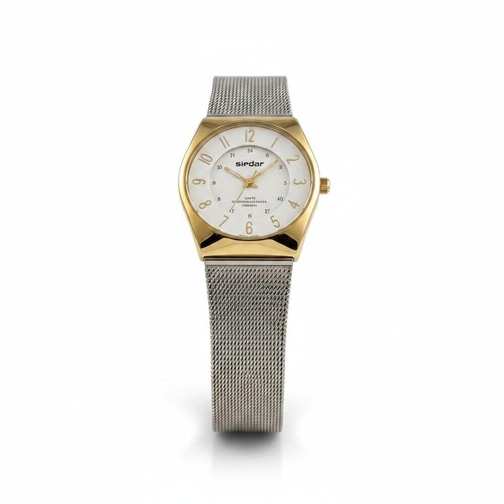 Sharp Womens Watch White Dial Gold Case Silver Mesh Bracelet Quartz Analog